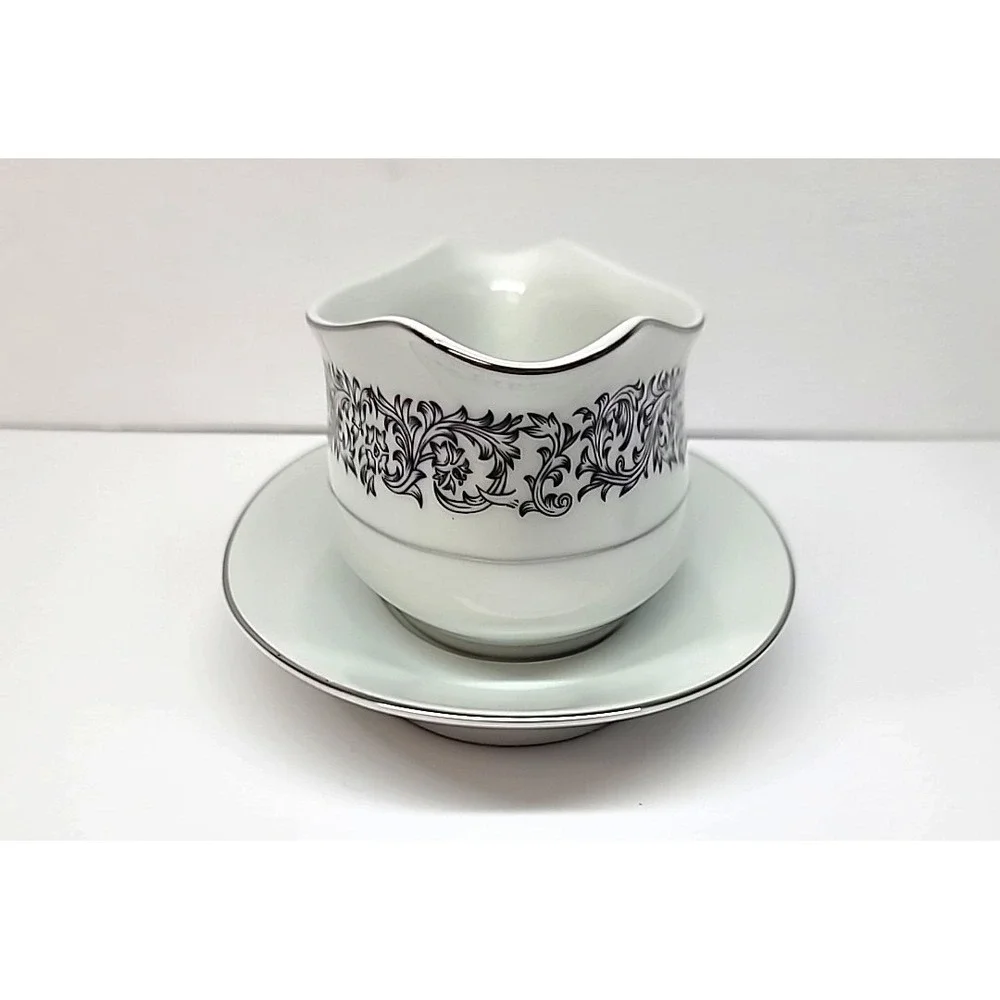Society Fine China Elegance Pattern Black/White w/Silver Rim Gravy Boat